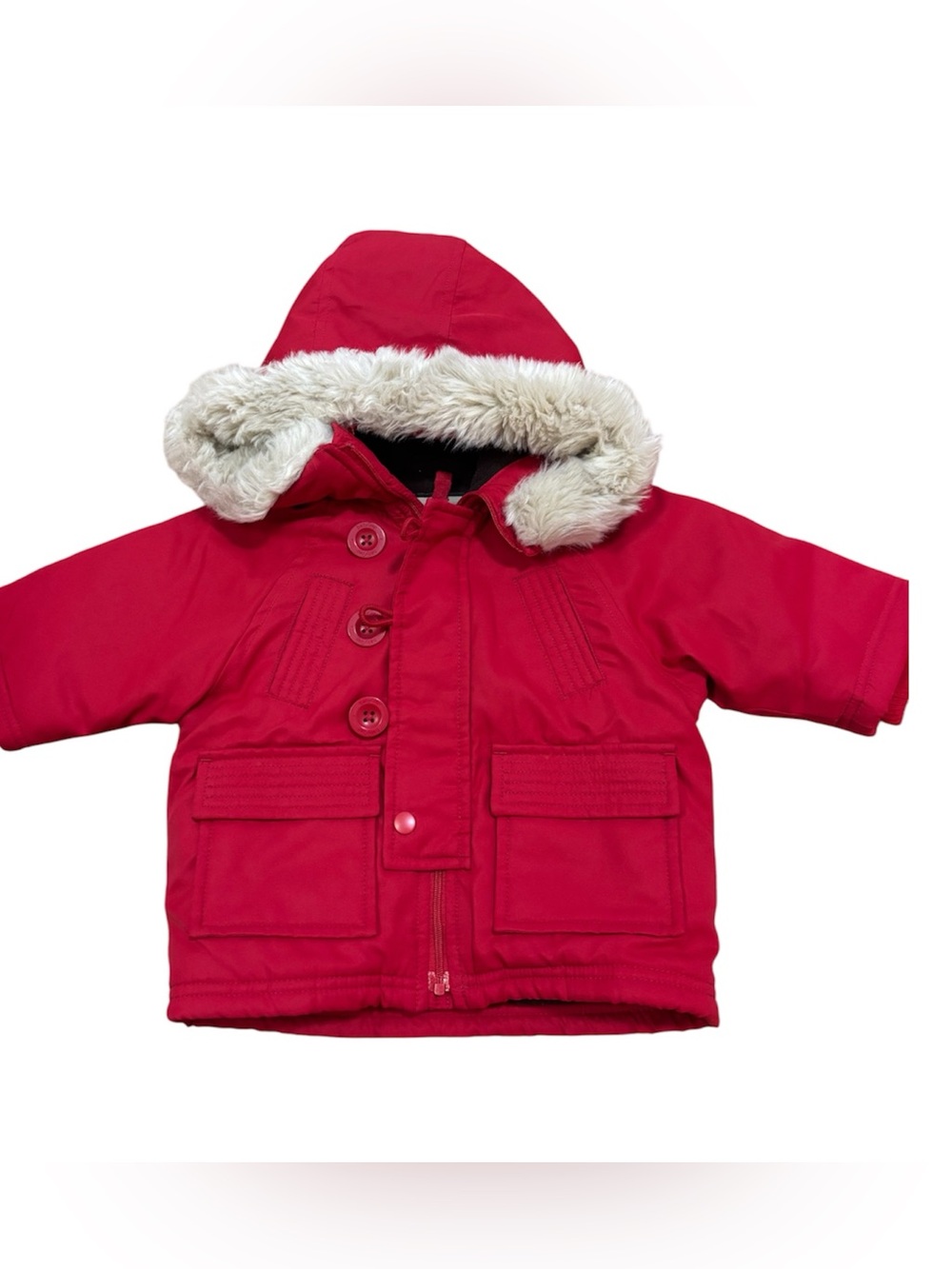 🟡Baby Red Hooded Faux-Fur Trim Winter Coat